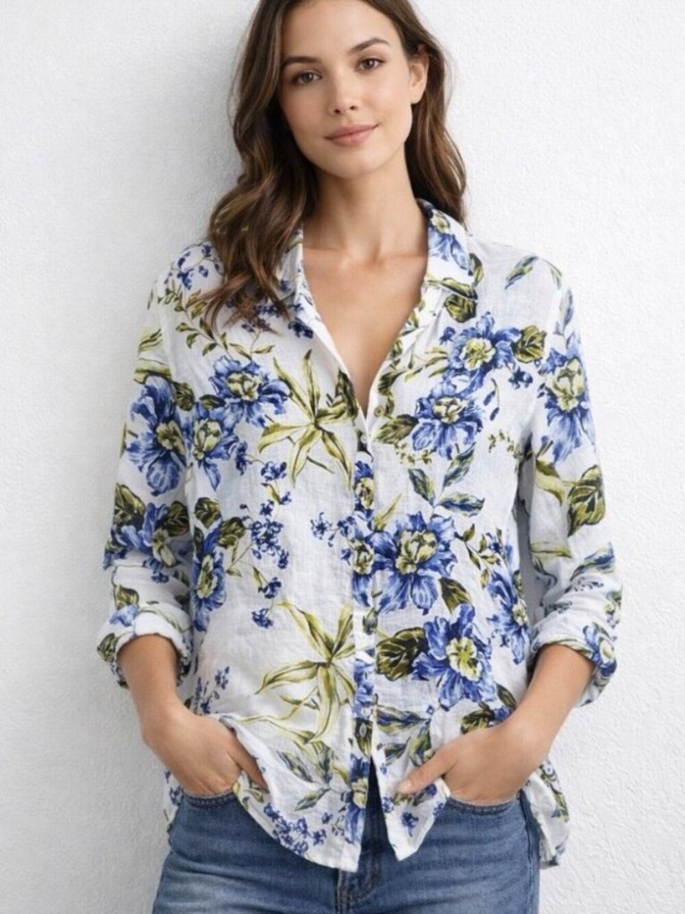 Joie Size 1x Pure Linen Button Down Shirt Blouse Floral White Costal Roll Tab